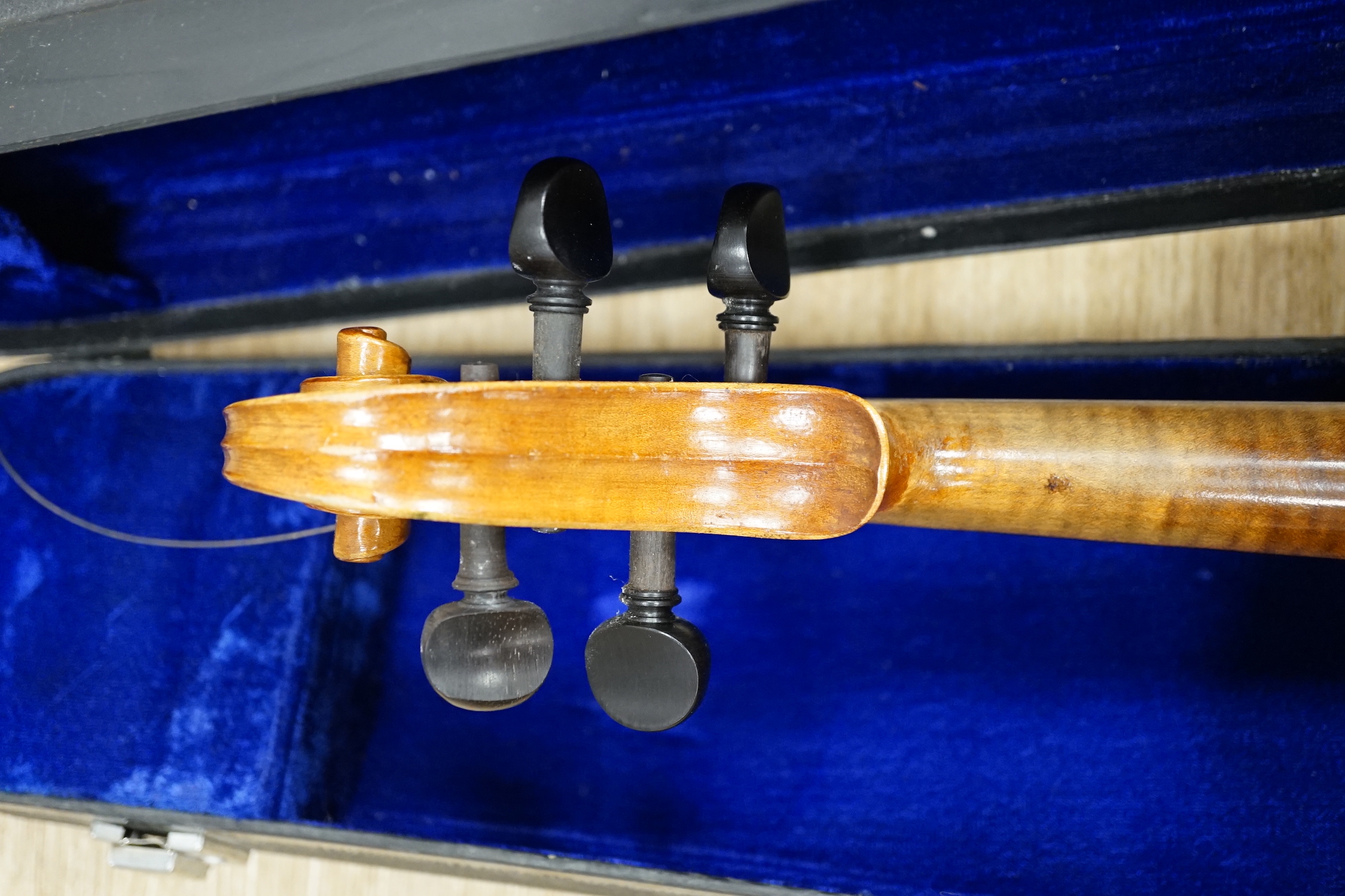 A cased German student’s violin, ‘copy of Antonius Stradivarius’, without bow